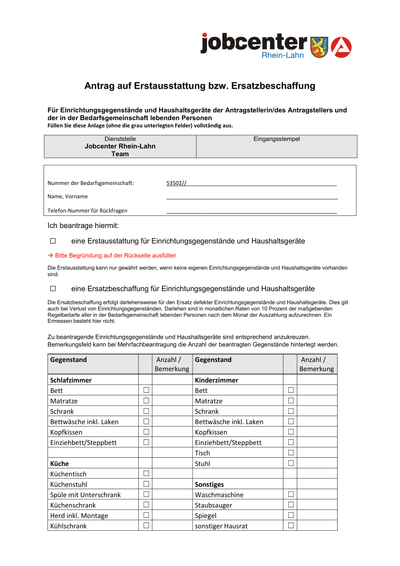 Antrag auf Erstausstattung bzw. Ersatzbeschaffung - Formular JC Rhein-Lahn; inkl. Waschmaschine