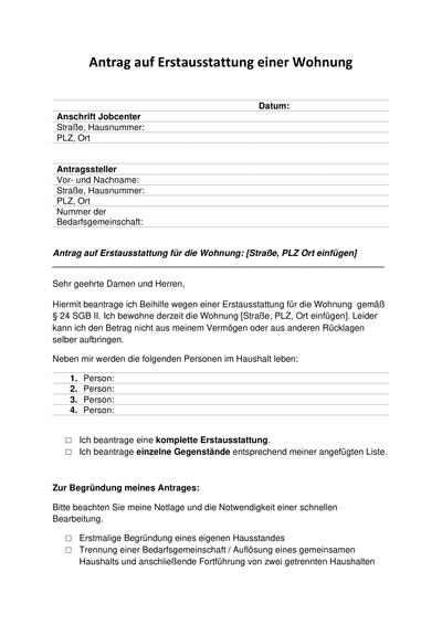 Antrag auf Erstausstattung einer Wohnung - Briefvorlage; Liste inkl. Waschmaschine