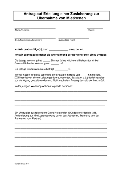 Antrag auf Erteilung einer Zusicherung zur Übernahme von Mietkosten - Zusicherung neue Miete/Umzugskosten