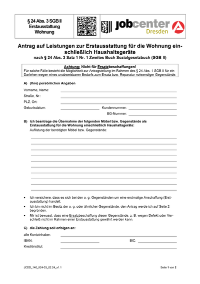 Antrag auf Leistungen zur Erstausstattung für die Wohnung ... - JC Dresden-Formular, Haushaltsgeräte
