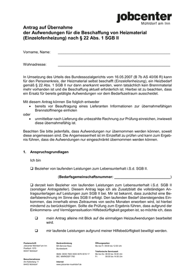 Antrag auf Übernahme der Aufwendungen für die ... - Formular: Heizmaterial Einzelofen §22 SGB II