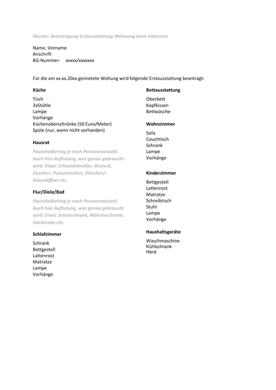 Muster Erstausstattung Wohnung - Musterliste inkl. Waschmaschine