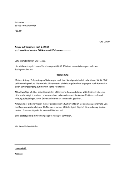 Vorschussantrag - Musterbrief: Vorschuss §42 SGB I (Jobcenter)